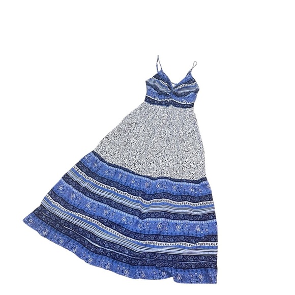 Japna Blue/navy/white Patterned rayon sundress smocked back front cutout small - Picture 4 of 12